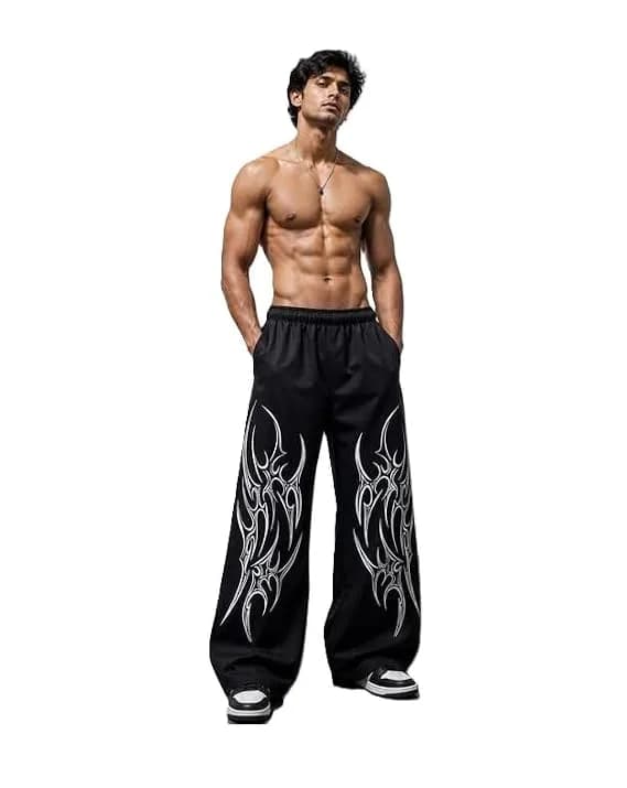 Men's Cotton Black Track Pants Fire Print
